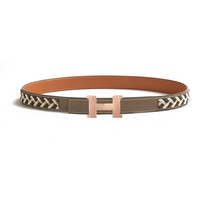 HERMES Calfskin Rose Gold-Plated Leather Belts Women's Gray/Brown Width 2.4CM