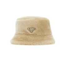 PRADA Shearling Enamel Metal Bucket Hats Women's Light Brown