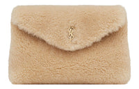 SAINT LAURENT PUFFER Sheared Wool Envelope Bag Clutches Small Size Women's Beige