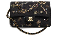 CHANEL Classic Flap CF Twill Velvet Patchwork Rhinestone Shoulder Bag Crossbody Bag Small Size Women's Black