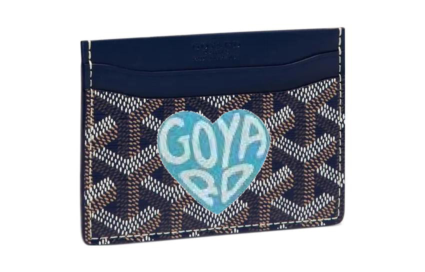 GOYARD Canvas With Calfskin Card Clip Card Holder Unisex Marine Blue With Light Blue Accents And Small Heart Design
