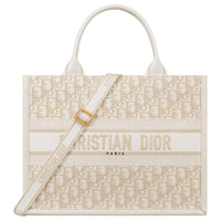 DIOR BookTote Handbag Oblique Print Fabric Cotton Women's White Gold