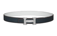 HERMES Letter Elegant Silver Buckle Epsom Calfskin Double-Sided Leather Belt Women's Blue Width: 3.2cm
