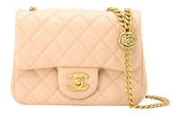 CHANEL Flap Bag With Camellia Chain 17cm Beige