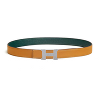HERMES Calfskin Palladium-Plated Leather Belts Women's Brown/Green Width 2.4CM