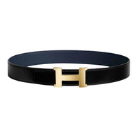 HERMES Calfskin Leather Belts Men's Black Blue Width: 3.8CM