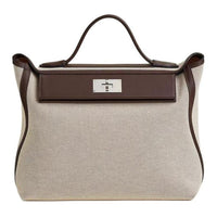 HERMES 24/24 Canvas With Swift Calfskin Handbag Women's Dark Brown & Beige