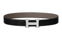 HERMES H Stripes Silver Buckle Epsom Calfskin Double-Sided Leather Belt Women's Black/Tin Gray Width: 3.2CM