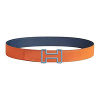 HERMES Calfskin Leather Belts Men's Orange Blue Width 3.8CM