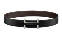 HERMES Elegance Silver Buckle Togo Calfskin Double-Sided Leather Belt Men's Black Width: 3.8cm