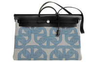 HERMES Herbag Zip H Plume Canvas Handbag Men's Light Beige Plaid Blue