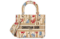 DIOR Embroidery Canvas DaiFeng Bag One Shoulder Handbag Medium Size Women's Beige Patchwork Embroidery