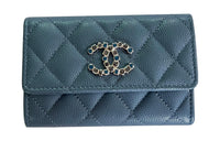 CHANEL Embossed Calfskin With Grains Card Holder Women's Gray Blue