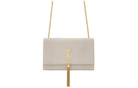 SAINT LAURENT KATE Crocodile Pattern Embossed Shiny Leather Fringe Shoulder Bag Crossbody Bag Medium Size Women's White