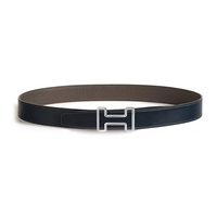 HERMES Calfskin Palladium-Plated Leather Belts Men's Blue/Brown Width: 3.2cm