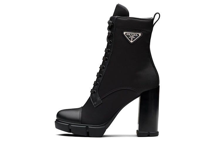 PRADA 110 Mm Nylon Booties Black Brushed Leather Women's