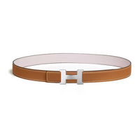 HERMES Calfskin Palladium-Plated Leather Belts Women's Pink/Brown Width 2.4CM