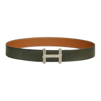 HERMES Calfskin Leather Belts Men's Gray Green/Gold Width: 3.8cm