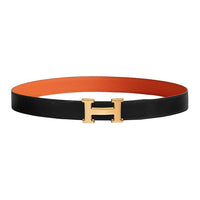 HERMES Calfskin Leather Belts Women's Black Orange Width: 3.2CM