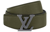 LOUIS VUITTON Letter Logo Emblem Leather Belts Men's Dark Green Width 3.5CM