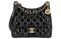 CHANEL Calfskin Hobo Bag, Single Shoulder Crossbody Bag Medium Size Women's Black