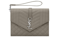 SAINT LAURENT ENVELOPE Grained Leather Clutch Women's Lime Gray