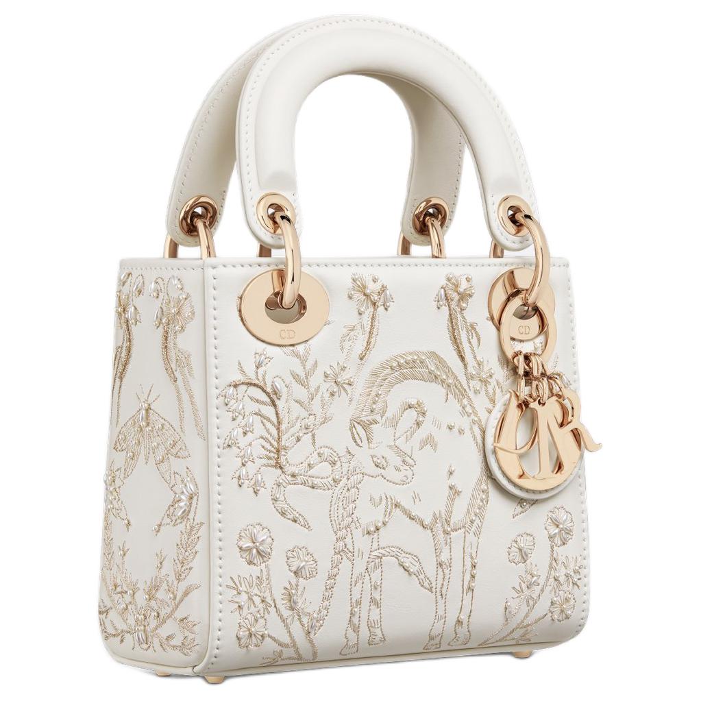 DIOR Lady Dior Cow Leather Crossbody Handbag Mini Women's Milk White