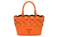 PRADA Calfskin Woven Bag Handbag Large Size Women's Orange