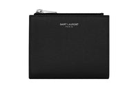 SAINT LAURENT Grain Embossed Leather Zip Closure Foldable Card Holder, Wallet Unisex Black