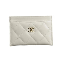 CHANEL Embossed Shiny Calfskin Card Holder Women's Light Gray