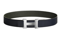 HERMES Comfortable Silver Buckle Togo Calfskin Double-Sided Leather Belt Men's Indigo/Grey Green Width: 3.8cm