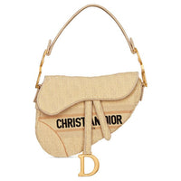 DIOR Saddle Embroidered Patchwork Raffia Saddle Bags One Shoulder Handbags Women's Beige