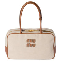 MIU MIU Beau Cotton Handbag Shoulder Bag Women's Beige With Brandy Accents