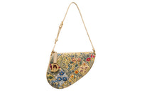 DIOR Saddle Embroidered Patchwork Raffia Saddle Bag One Shoulder Clutch Women's Natural Multicolor