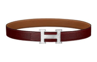 HERMES H Logo Silver Buckle Epsom Calfskin Double-Sided Leather Belt Women's Red/Brown Width: 3.2cm