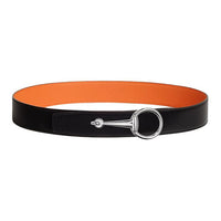 HERMES Palladium-Plated Calfskin Metal Leather Belts Men's Black/Orange Width: 3.8CM
