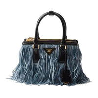 PRADA Leather With Feather Trim Shoulder Bag Crossbody Bag Handbag Mini Women's Cerulean Black