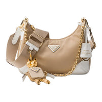 PRADA Re-Edition Recycled Nylon With Patchwork Leather Shoulder Bag Crossbody Bag Women's Camel White