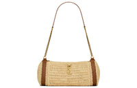 SAINT LAURENT Raffia Cow Leather Patchwork Fabric Handbag Shoulder Bag Women's Natural
