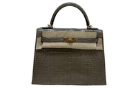 HERMES Kelly Alligator Leather Handbag Women's 81 Gris Tourterelle Dove Grey