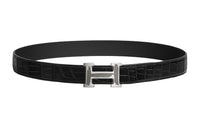 HERMES Letter H Badge Leather Belts Men's Black Width: 3.2CM