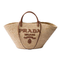 PRADA Raffia One Shoulder Handbag Large Size Women's Beige & Cognac Brandy