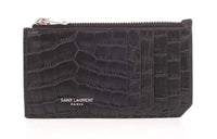 SAINT LAURENT Crocodile Embossed Leather Card Clip Card Holder Men's Black