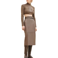HERMES Leather Long Skirts Women's Gray