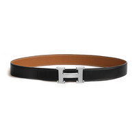 HERMES Calfskin Metal Palladium Leather Belts Men's Black/Brown Width: 3.2CM