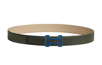 HERMES Cut Out Letter H Logo, Smooth Buckle Leather Belts Men's Beige/Green Width 3.2cm