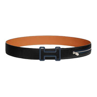 HERMES Stainless Steel Leather Belts Unisex Black/Sea Blue Width 3.8cm