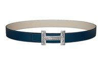 HERMES Etched Silver Buckle Togo Calfskin Double-Sided Leather Belt Men's Dark Blue Width: 3.2cm