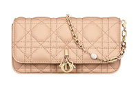 DIOR Lady Dior Wicker Pattern Sheepskin Handheld Crossbody One Shoulder Cell Phone Pouch Women's Sand Pink