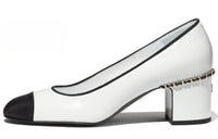 CHANEL Laminated Lambskin & Grosgrain Chunky Heel High Heels Women's Black White